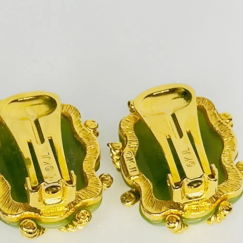 Vintage KJL Kenneth J Lane Earrings Gold Rope Quilted Green Lucite Clip On 1133 - Picture 9 of 15